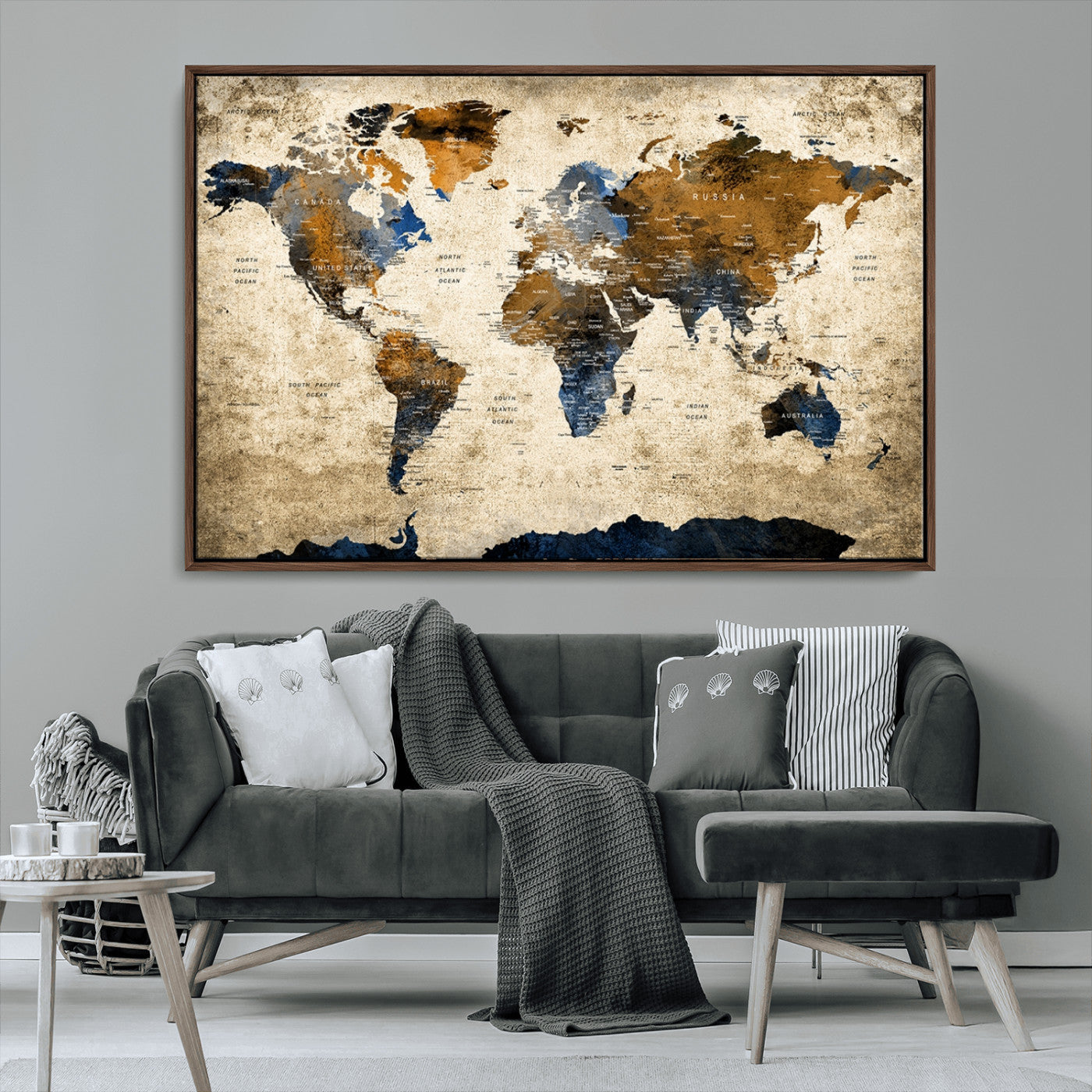 49876-MGV-CV-36X24-Vintage Blue and Brown World Map Canvas Wall Art – Rustic Travel Map Print, Large Framed Wall Decor for Living Room, Study, Home or Office