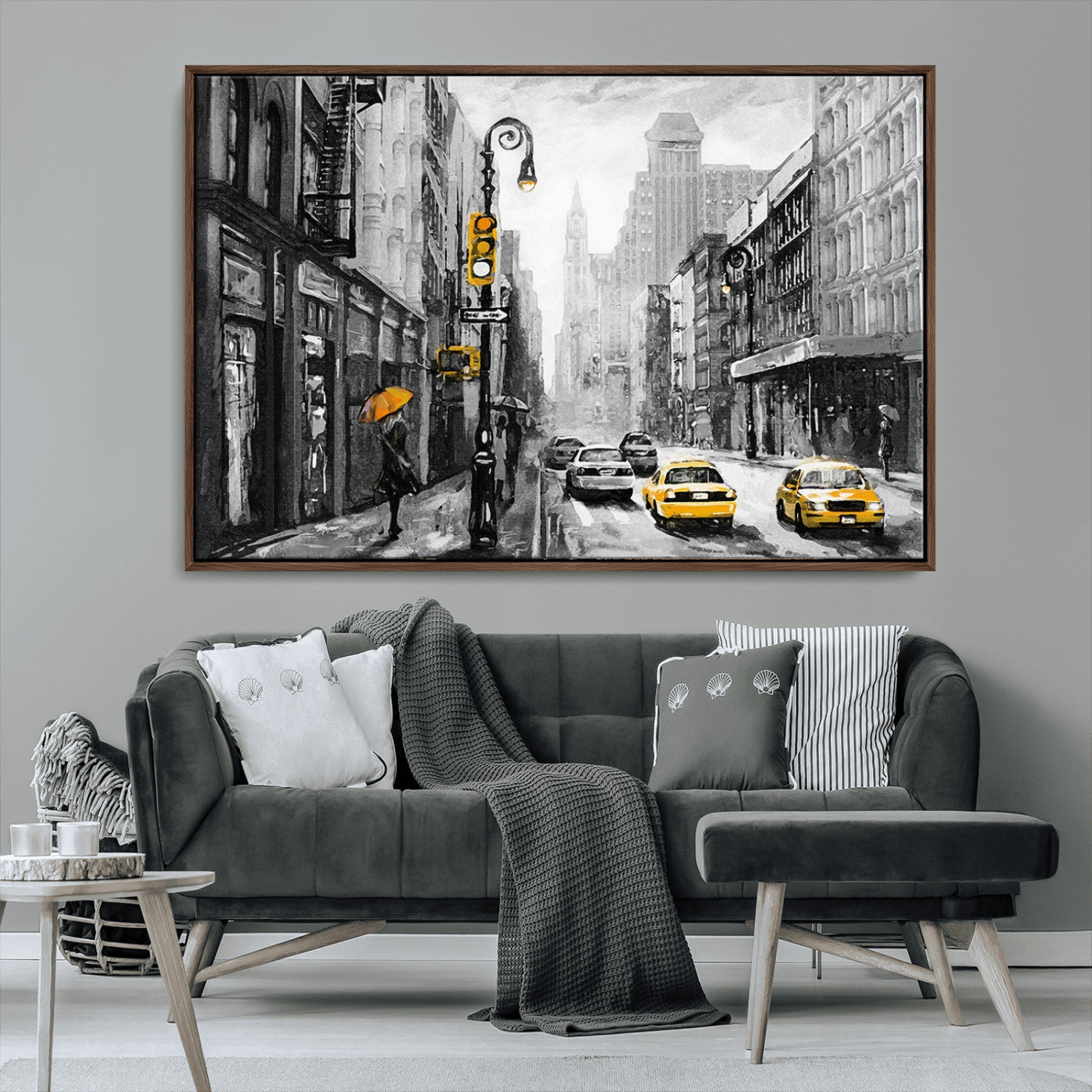 32362-MGV-CV-36X24-NYC Street Wall Art – Black and White Cityscape with Yellow Taxis and Umbrella Canvas Print, Urban Home Decor for Living Room or