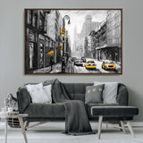 32362-MGV-CV-36X24-NYC Street Wall Art – Black and White Cityscape with Yellow Taxis and Umbrella Canvas Print, Urban Home Decor for Living Room or
