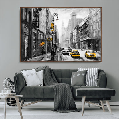 32362-MGV-CV-36X24-NYC Street Wall Art – Black and White Cityscape with Yellow Taxis and Umbrella Canvas Print, Urban Home Decor for Living Room or