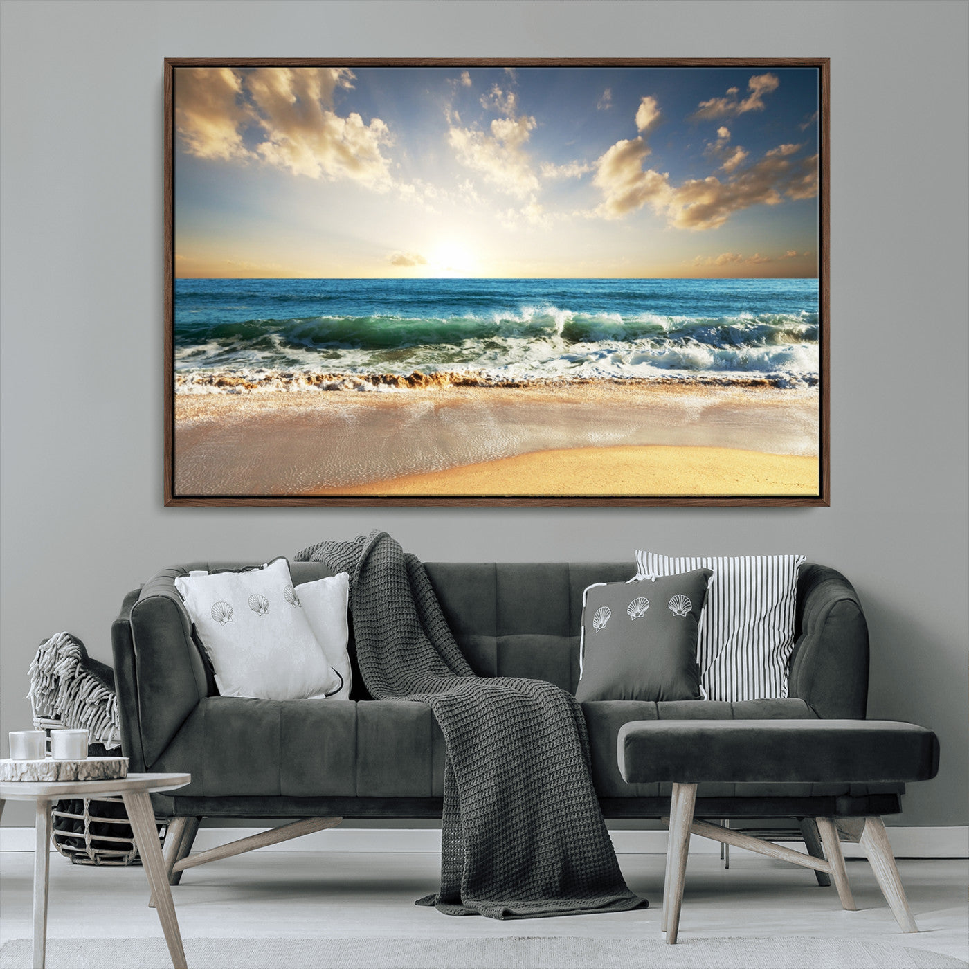 13139-MGV-FC-36X24_Walnut-Sunrise Beach Wall Art – Ocean Waves and Golden Sand Canvas Print, Coastal Home Decor for Living Room, Bedroom, or Office