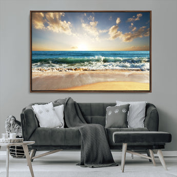 13139-MGV-FC-36X24_Walnut-Sunrise Beach Wall Art – Ocean Waves and Golden Sand Canvas Print, Coastal Home Decor for Living Room, Bedroom, or Office