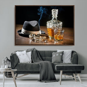 14629-MGV-FC-36X24_Walnut-Vintage Whiskey Wall Art – Classic Fedora, Cigar, and Crystal Decanter Canvas Print, Rustic Bar Decor for Home, Office, or Man