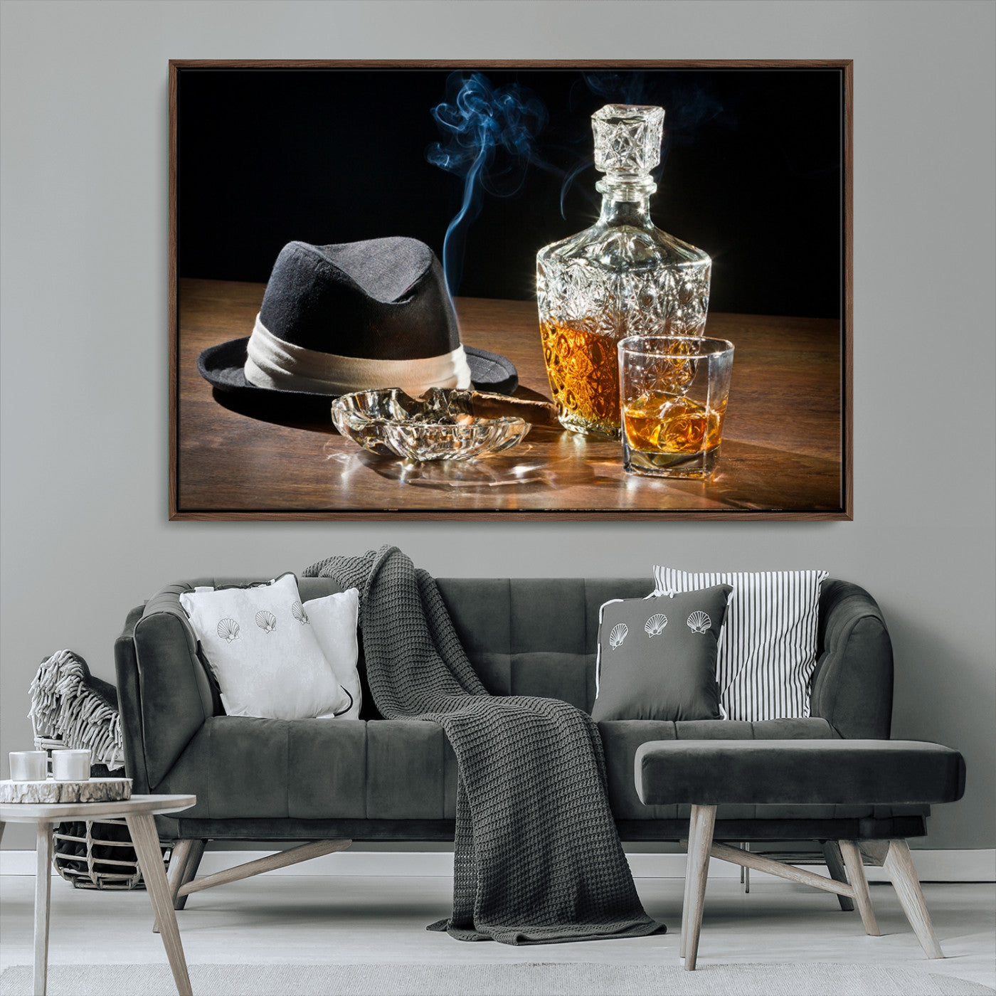14629-MGV-FC-36X24_Walnut-Vintage Whiskey Wall Art – Classic Fedora, Cigar, and Crystal Decanter Canvas Print, Rustic Bar Decor for Home, Office, or Man