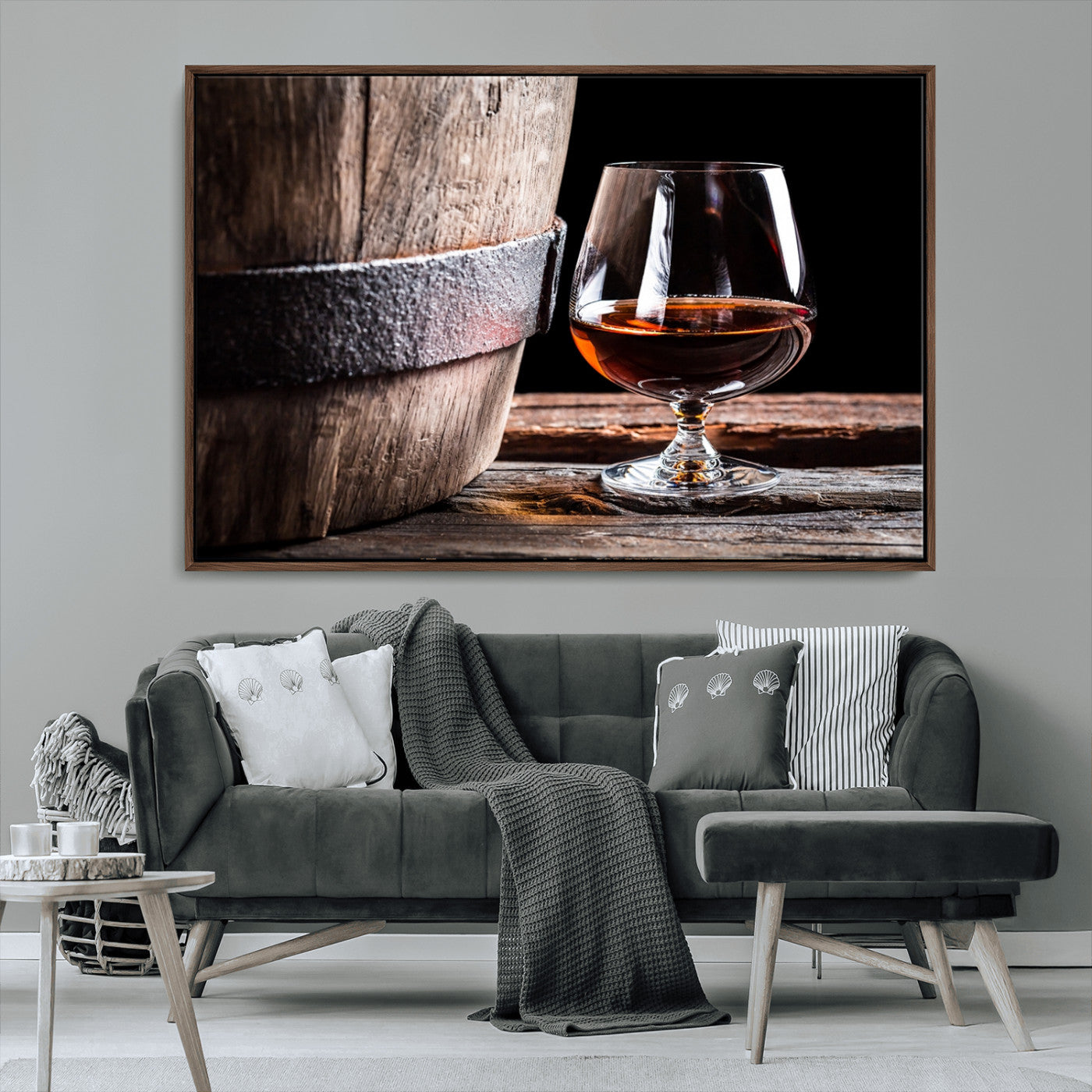 50839-MGV-FC-36X24_Walnut-Barrel & Brandy Wall Art – Rustic Whiskey Barrel and Brandy Glass Canvas Print, Elegant Home Bar or Lounge Decor for Office, Man