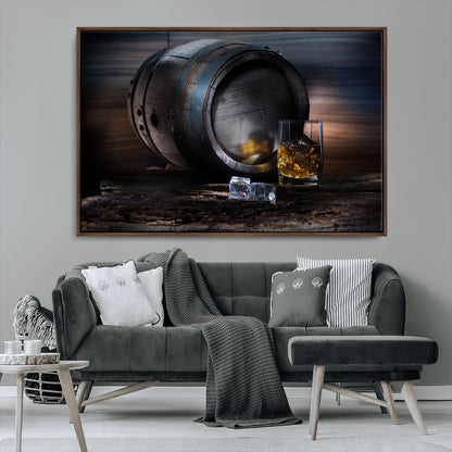 78049-MGV-CV-36X24-Whiskey Barrel Wall Art – Rustic Whiskey Barrel and Glass with Ice Canvas Print, Classic Bar or Lounge Decor for Home, Office, or