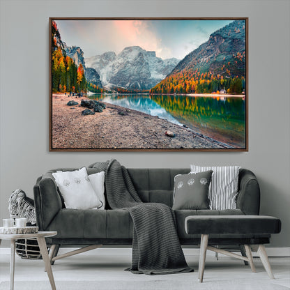 25982-MGV-CV-36X24-Autumn Mountain Lake Wall Art – Panoramic Fall Foliage and Snowy Peaks Canvas Print, Scenic Nature Decor for Living Room or Office