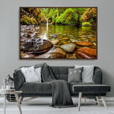 98096-MGV-CV-36X24-Serene River Waterfall Nature Photo – Calm Clear Water, Vibrant Green Forest and Smooth Stones Landscape Wall Art for Home or