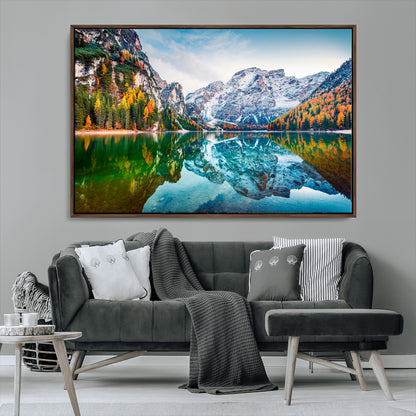 10402-MGV-FC-36X24_Walnut-Snowy Mountain Lake Wall Art – Autumn Landscape Canvas Print with Reflection, Nature Decor for Living Room, Office, Bedroom or