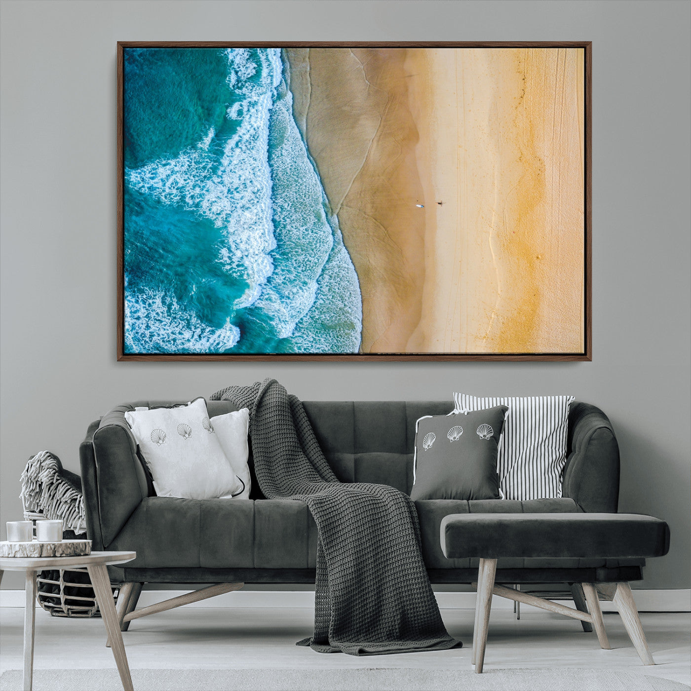 46640-MGV-FC-36X24_Walnut-Aerial Beach Wall Art – Turquoise Waves and Golden Sand Canvas Print with Lone Surfer, Coastal Ocean Decor for Living Room,
