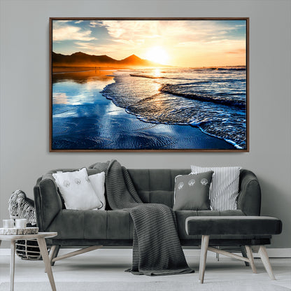 86173-MGV-CV-36X24-Golden Sunset Beach Wall Art – Reflective Ocean Canvas Print with Mountains and Waves, Coastal Nature Decor for Living Room,