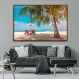 69754-MGV-CV-36X24-Tropical Beach Wall Art – Relaxing Palm Tree and Lounge Chairs Canvas Print, Serene Coastal Decor for Living Room, Bedroom, Office