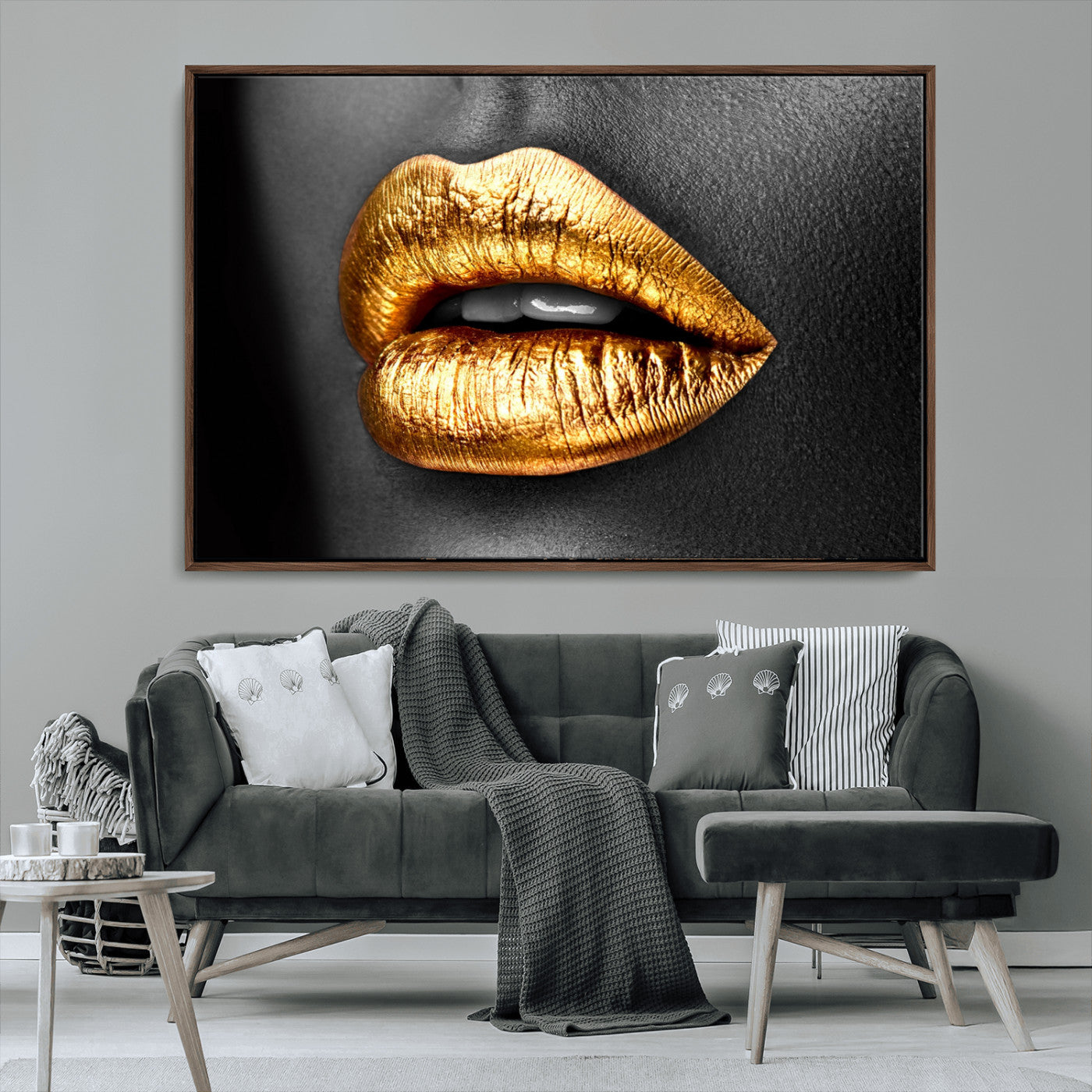 84747-MGV-CV-36X24-Golden Lips Black & White Portrait – Glamorous Metallic Lip Art Print, Modern Wall Decor for Bedroom, Beauty & Fashion Lover Gift
