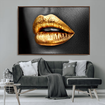 84747-MGV-CV-36X24-Golden Lips Black & White Portrait – Glamorous Metallic Lip Art Print, Modern Wall Decor for Bedroom, Beauty & Fashion Lover Gift