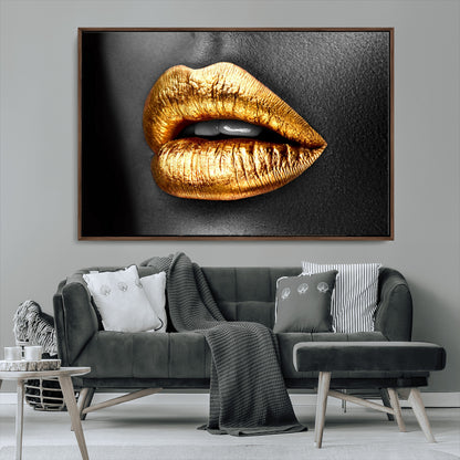 84747-MGV-CV-36X24-Golden Lips Black & White Portrait – Glamorous Metallic Lip Art Print, Modern Wall Decor for Bedroom, Beauty & Fashion Lover Gift