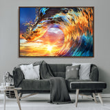 52890-MGV-FC-36X24_Walnut-Surfing Wave Wall Art Canvas Print, Framed Sunset Ocean Art Picture Print, Ocean Wave Perfect Nautical Decor Artwork