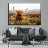 79391-MGV-CV-36X24-Majestic Highland Cow in Misty Scottish Moorland – Rustic Natural Charm, Perfect for Unique Home or Office Decor