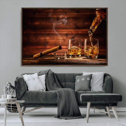 41139-MGV-CV-36X24-Whiskey and Cigar Still Life – Glasses with Ice and Pouring Amber Drink on Wooden Table with Smoke, Elegant Bar or Lounge Wall