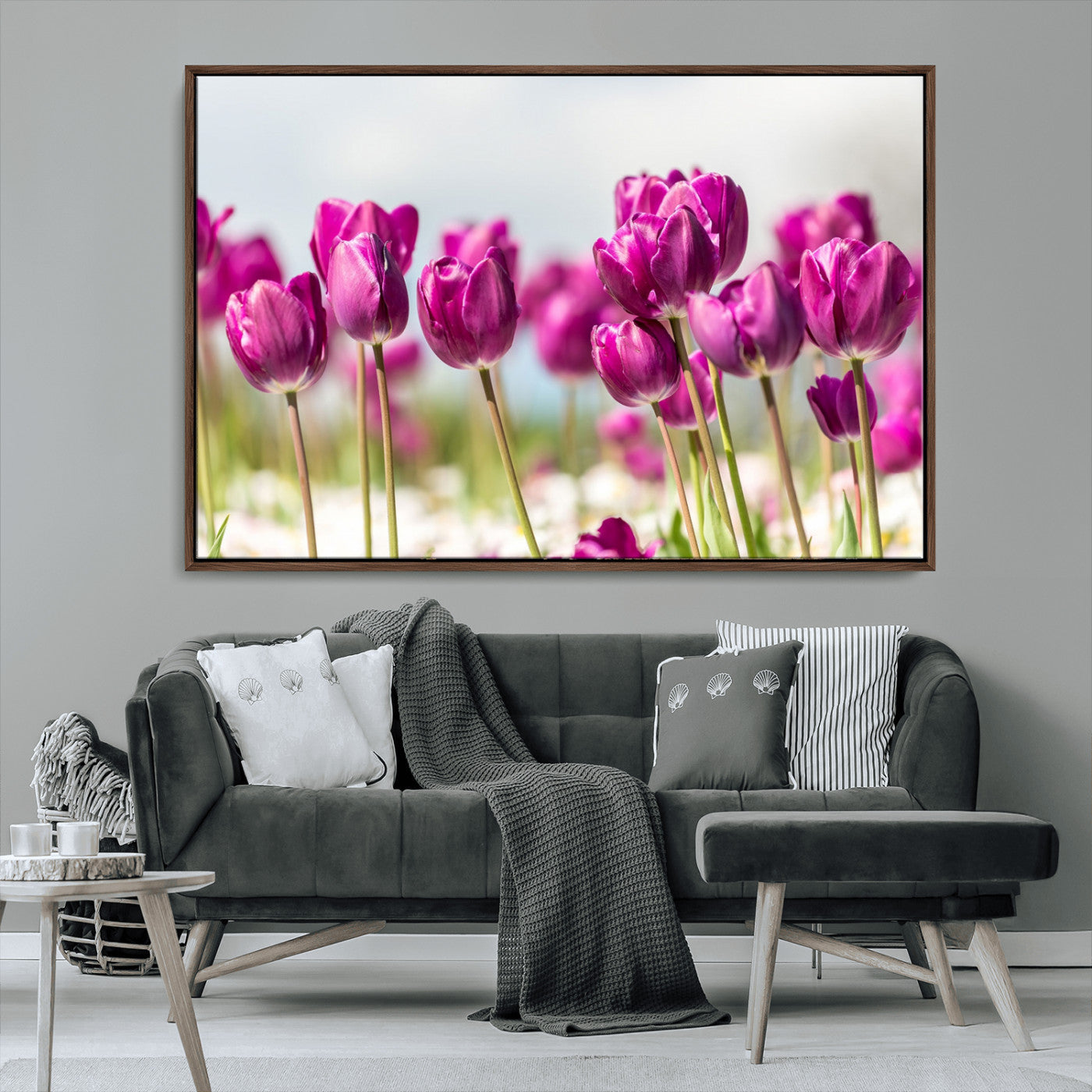 30632-MGV-CV-36X24-Purple Tulip Field Wall Art – Beautiful Spring Flowers Canvas Print with Soft Focus and Bright Sky, Ideal Floral Decor for Home or