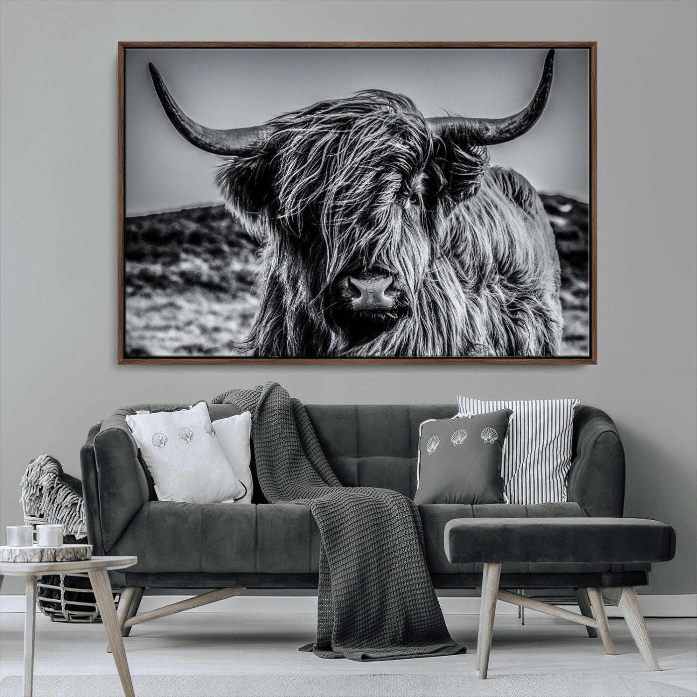 97372-MGV-CV-36X24-Elegant Highland Cow Wall Art – Black and White Canvas Print, Rustic Nature Decor for Home, Office, Living Room or Man Cave