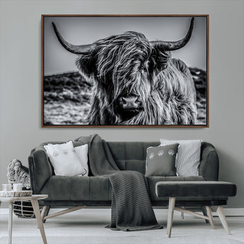 97372-MGV-CV-36X24-Elegant Highland Cow Wall Art – Black and White Canvas Print, Rustic Nature Decor for Home, Office, Living Room or Man Cave