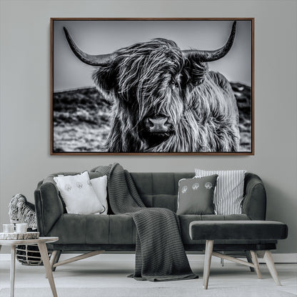 97372-MGV-CV-36X24-Elegant Highland Cow Wall Art – Black and White Canvas Print, Rustic Nature Decor for Home, Office, Living Room or Man Cave