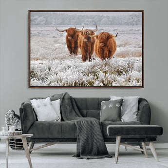 10396-MGV-FC-36X24_Walnut-Highland Cattle Wall Art – Rustic Winter Landscape Canvas Print, Farmhouse Decor for Living Room, Office, Cabin or Country Home
