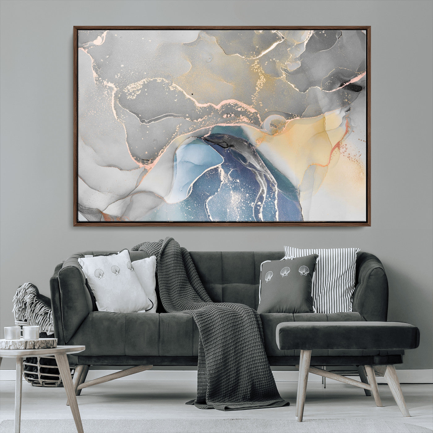 63211-MGV-CV-36X24-Abstract Fluid Art Wall Decor – Blue, Gray & Gold Canvas Print, Modern Home and Office Wall Art Decor for Living Room, Bedroom or