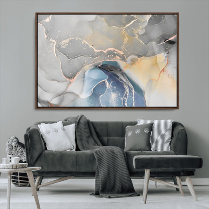 63211-MGV-CV-36X24-Abstract Fluid Art Wall Decor – Blue, Gray & Gold Canvas Print, Modern Home and Office Wall Art Decor for Living Room, Bedroom or