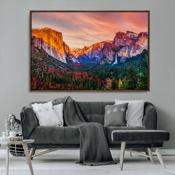 24519-MGV-CV-36X24-Yosemite Valley Sunset Wall Art – Majestic Mountain Landscape with Waterfall and Vibrant Sky, Nature Photography for Home or