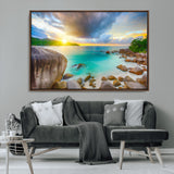 23769-MGV-CV-36X24-Tropical Beach Sunset Wall Art – Ocean Waves and Rocky Shore Canvas Print, Coastal Seascape Photography Decor