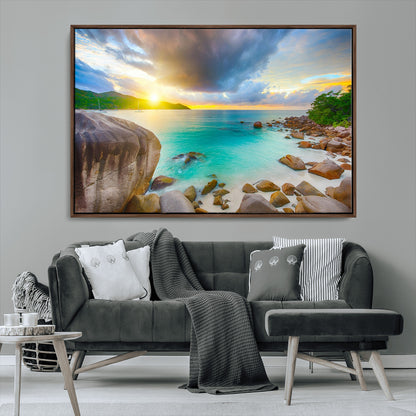 23769-MGV-CV-36X24-Tropical Beach Sunset Wall Art – Ocean Waves and Rocky Shore Canvas Print, Coastal Seascape Photography Decor