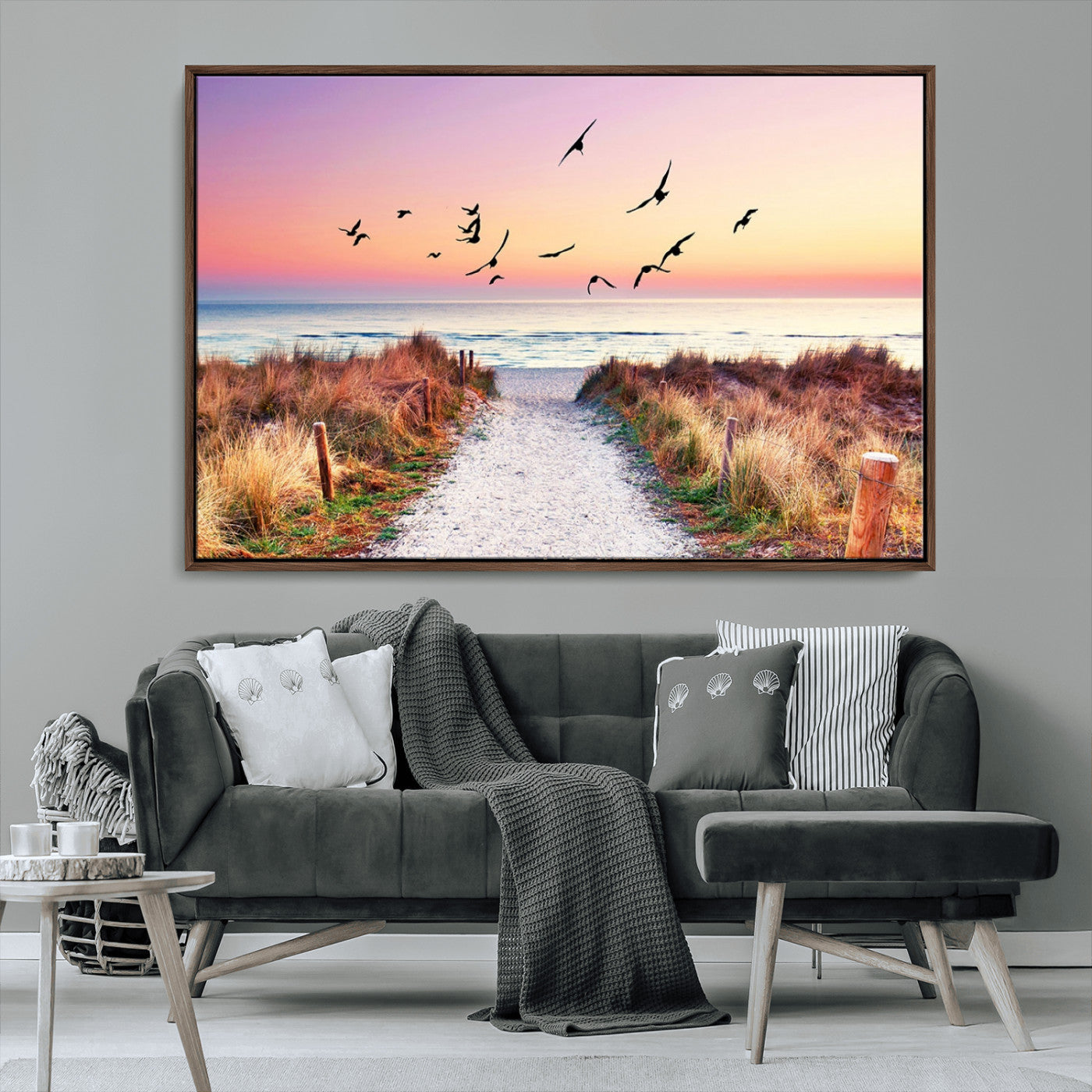54411-MGV-CV-36X24-Beach Path with Birds Wall Art – Coastal Sunset Ocean Canvas Print, Seaside Nature Landscape Photography for Living Room, Bedroom