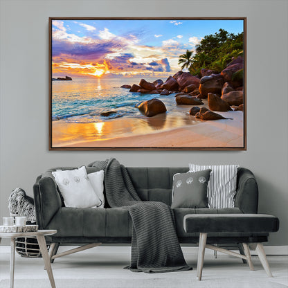 43209-MGV-CV-36X24-Tropical Beach Sunset Wall Art – Golden Ocean Waves and Palm Trees with Rocky Shore Canvas Print, Coastal Seascape Decor for
