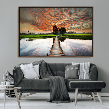 29105-MGV-CV-36X24-Rustic Wooden Bridge Wall Art – Scenic Sunset Over Rice Fields and Reflective Water Canvas Print, Nature Landscape Decor for