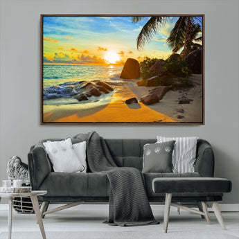 26181-MGV-CV-36X24-Golden Tropical Sunset Beach Wall Art – Ocean Canvas Print with Palm Trees and Rocks, Coastal Paradise Decor for Living Room or