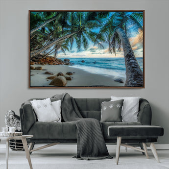 39679-MGV-CV-36X24-Tropical Palm Beach Wall Art – Serene Ocean Canvas Print with Palm Trees and Rocks, Coastal Paradise Decor for Living Room or