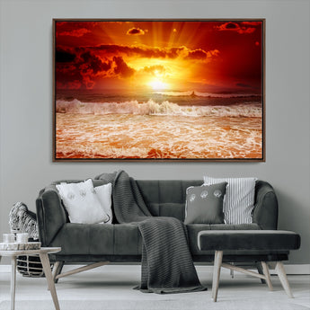 60211-MGV-CV-36X24-Fiery Sunset Ocean Wall Art – Red Sky Seascape Canvas Print with Waves, Bold Coastal Sunset Decor for Living Room or Bedroom