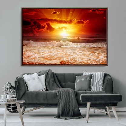 60211-MGV-CV-36X24-Fiery Sunset Ocean Wall Art – Red Sky Seascape Canvas Print with Waves, Bold Coastal Sunset Decor for Living Room or Bedroom