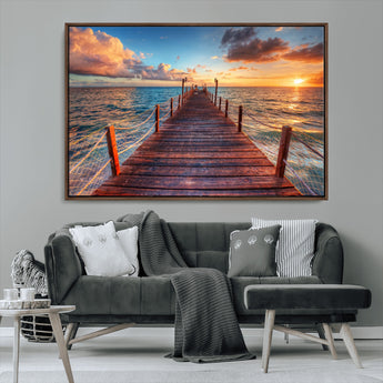 28836-MGV-CV-36X24-Ocean Pier Sunset Wall Art – Wooden Dock and Golden Horizon Canvas Print, Coastal Seascape Photography for Living Room, Bedroom,