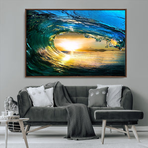 19378-MGV-CV-36X24-Ocean Wave Sunset Wall Art – Vibrant Surf and Golden Horizon Canvas Print, Coastal Seascape Photography for Living Room, Bedroom,