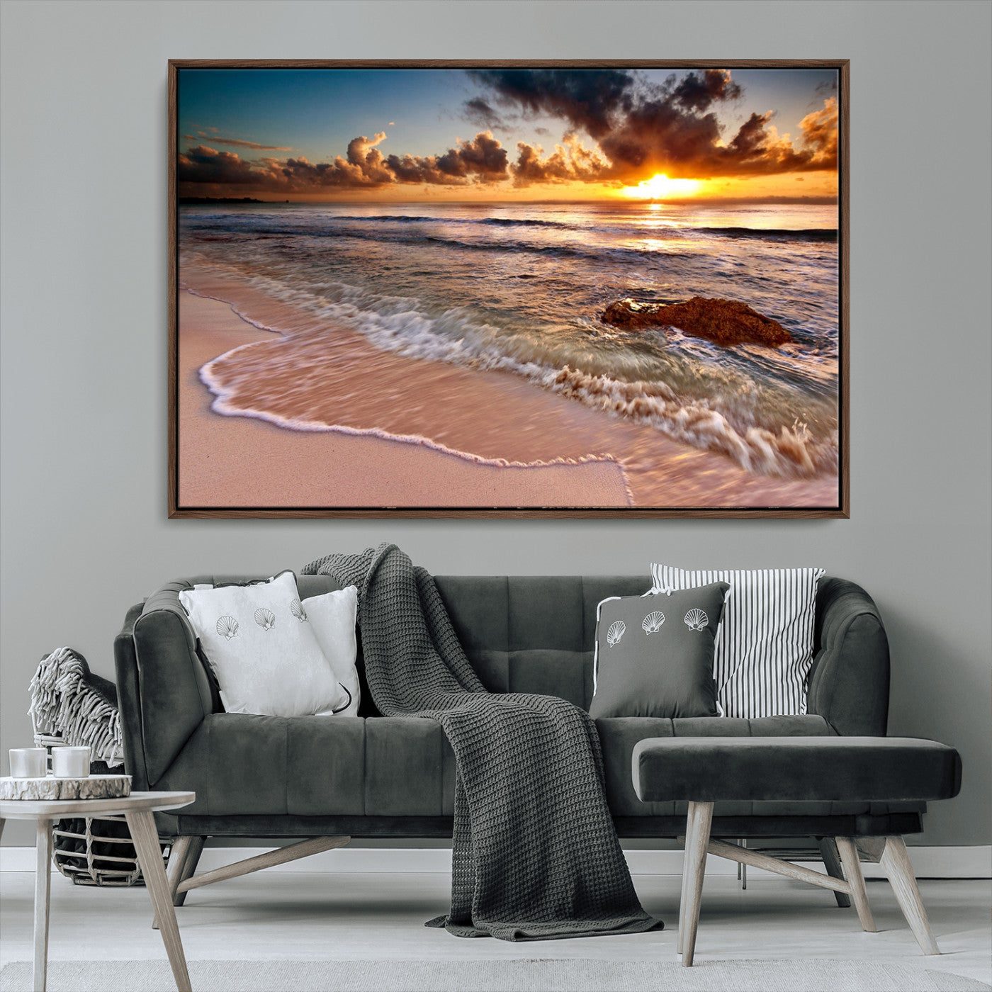 80979-MGV-CV-36X24-Golden Sunrise Beach Wall Art – Ocean Waves and Sandy Shore Canvas Print, Coastal Sunset Photography Artwork for Living Room,