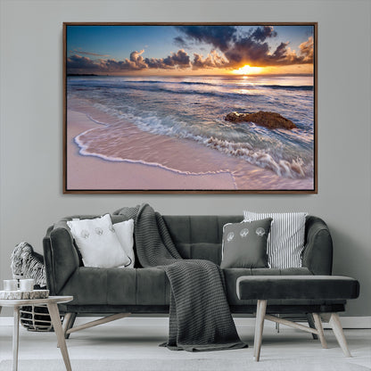 94906-MGV-CV-36X24-Sunrise Beach Wall Art – Panoramic Ocean Waves Canvas Print, Coastal Sunset Seascape Artwork for Living Room, Bedroom, or Office