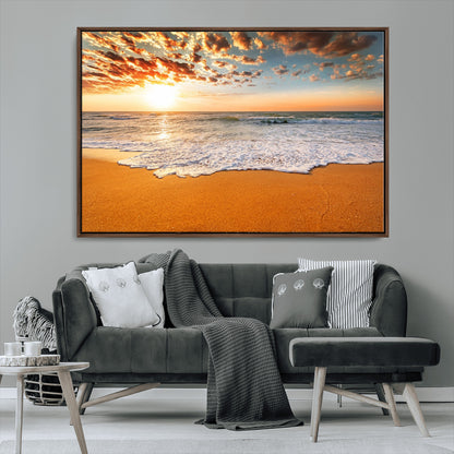 15399-MGV-CV-36X24-Golden Sunrise Beach Wall Art – Ocean Waves on Sandy Shore Canvas Print, Coastal Seascape Decor for Living Room or Bedroom