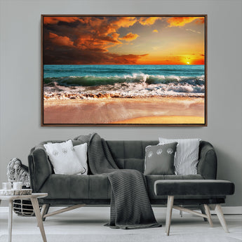 72948-MGV-CV-36X24-Ocean Sunset Wave Wall Art – Dramatic Seascape Canvas Print with Golden Sky and Crashing Waves, Coastal Beach Decor for Living