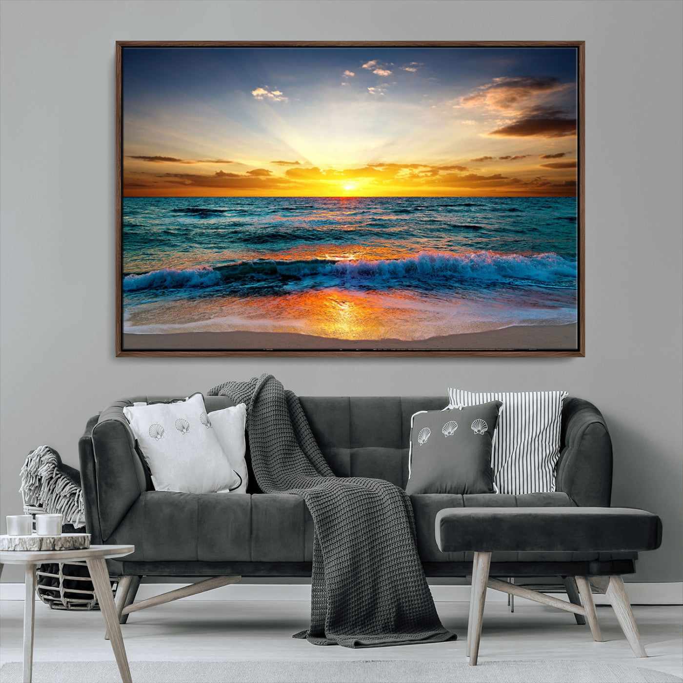 50627-MGV-CV-36X24-Ocean Sunset Wall Art – Serene Beach Canvas Print with Waves and Golden Sky, Coastal Decor for Living Room or Office