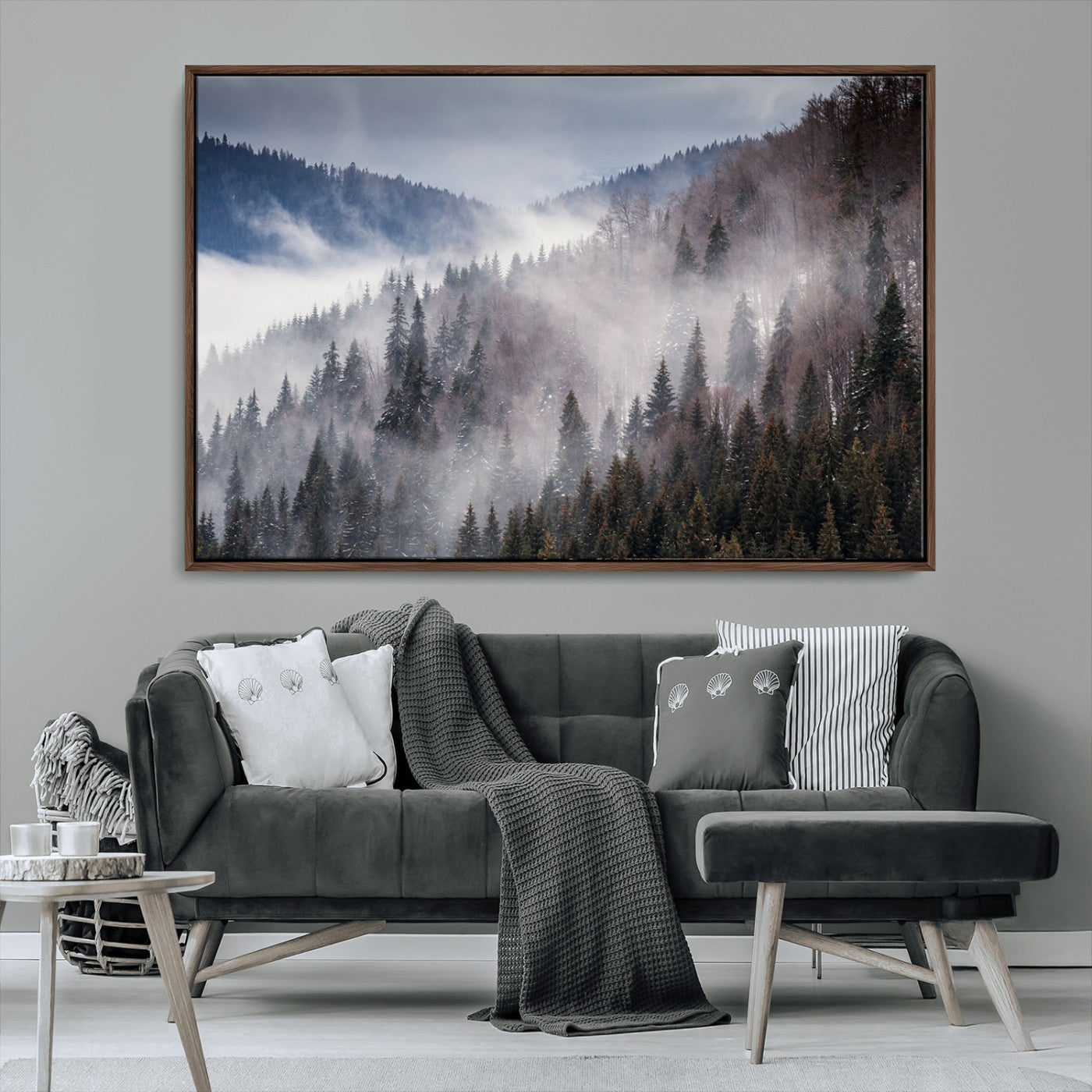 18459-MGV-CV-36X24-Misty Pine Forest Wall Art – Serene Mountain Landscape Canvas Print, Tranquil Nature Artwork for Living Room, Bedroom, Cabin or
