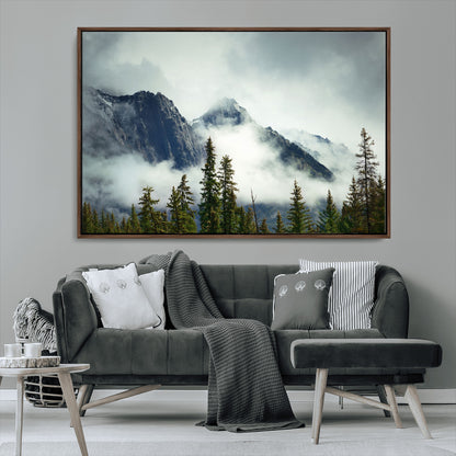 93219-MGV-CV-36X24-Misty Mountain Wall Art – Foggy Pines and Rocky Peaks Canvas Print, Nature Landscape Decor for Living Room, Office or Bedroom