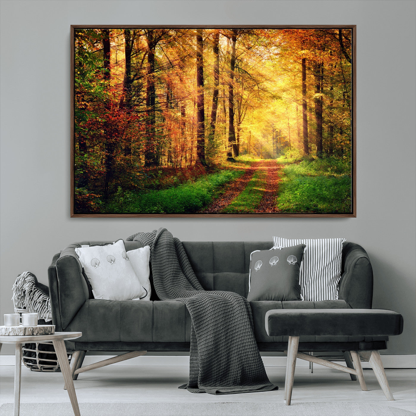 73494-MGV-CV-36X24-Golden Autumn Forest Path Wall Art – Sunlit Woodland Canvas Print, Fall Nature Landscape Home Decoration
