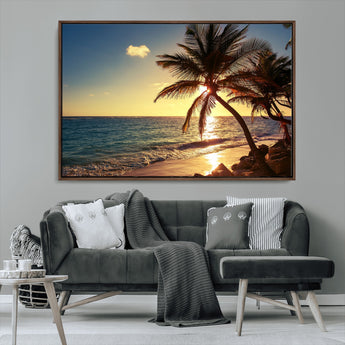 82710-MGV-CV-36X24-Palm Tree Sunset Beach Wall Art – Tropical Ocean Canvas Print, Coastal Paradise Seascape Decor for Living Room or Office Wall
